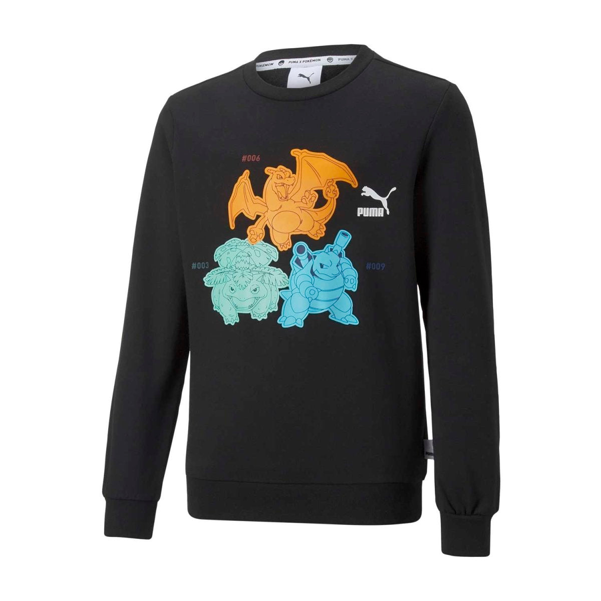 PUMA × Pokémon: Venusaur, Charizard & Blastoise Puma Black French Terry Relaxed Crew Neck Sweatshirt - Youth
